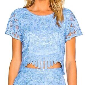 Lovers & Friends Daycation Lace Embroidered Boho Crop Top in Crystal Blue XS